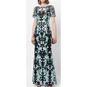 Marchesa Notte Embroidered Column Gown Womens 2 Floral Tulle Short Sleeve Dress